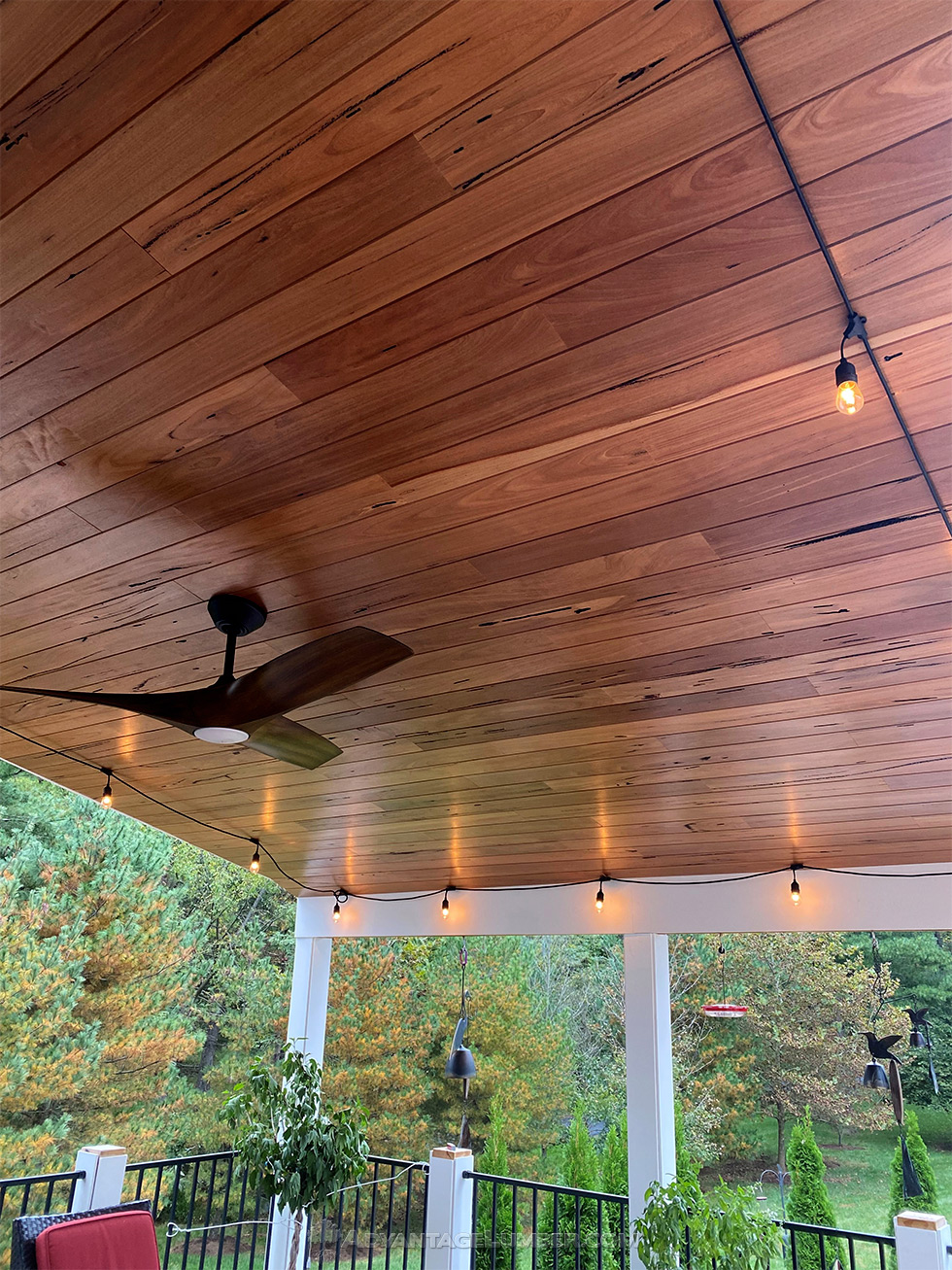Finished Pecky Bolivian Walnut V-Groove Ceiling