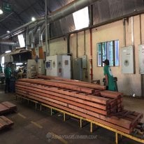 Milling Jatoba beams at our Brazilian facility.