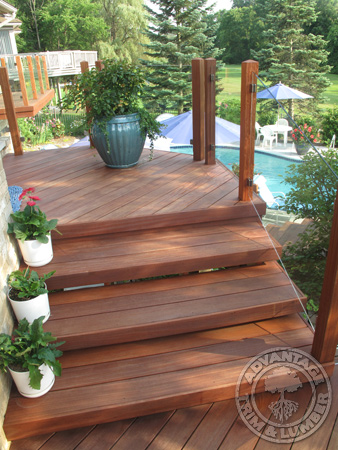 This picture of a cumaru staircase showcases the wonderful reds and golden rays this Brazilian decking offers.