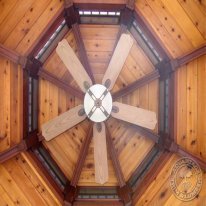 By far the best feature of the gazebo is the ceiling, imho. I used t&g knotty cedar for a beautiful contrast against the Ipe. The roof/ceiling was such a chore to complete. The t&g went on first then covered with CDX plywood. You cannot simply lay a piece of t&g onto the Ipe rafters and shoot a nail through to secure. Every piece had to be pre-drilled and screwed into the rafters. Same thing for the CDX. I had to be extremely careful to not miss the rafter and drill past it into the exposed cedar.