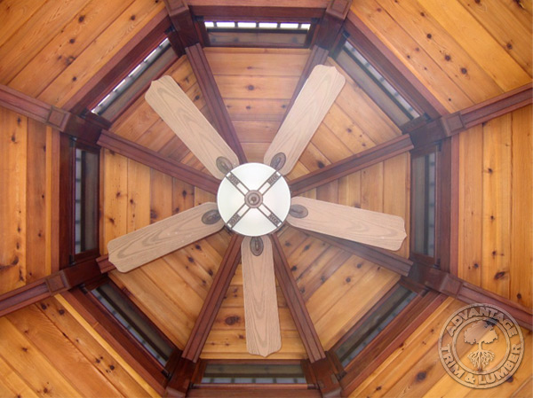 By far the best feature of the gazebo is the ceiling, imho.  I used t&g knotty cedar for a beautiful contrast against the Ipe.  The roof/ceiling was such a chore to complete.  The t&g went on first then covered with CDX plywood.  You cannot simply lay a piece of t&g onto the Ipe rafters and shoot a nail through to secure.  Every piece had to be pre-drilled and screwed into the rafters.  Same thing for the CDX.  I had to be extremely careful to not miss the rafter and drill past it into the exposed cedar.