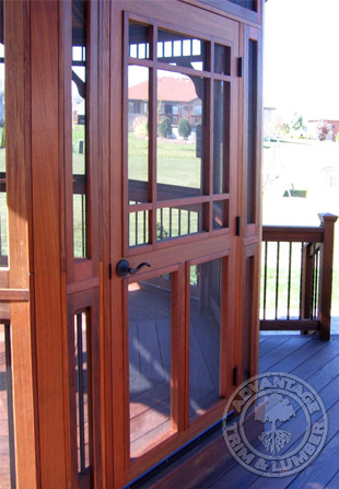 This door is very heavy...even for a screen door.  I would approximate it at over 80 lbs.  As such, I had to shop around for heavy-duty, double ball-bearing hinges.  The handle is by Baldwin, and unfortunately installed upside down on a few shots (correctly quickly after my buddy pointed that out to me!!), and is merely a passage set.  It did not need or want a locking set.  It's sad to say that this door is constructed better, fits nicer, and looks 10 times better than any 6-panel door in my house!