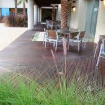 An outdoor eating are such as this is the perfect place for durable, stain resistant Ipe Decking.