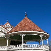 Newly installed wallaba roofing shingles on a gazebo.